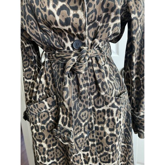 WALKER ROSE Leopard Print Distressed Denim Belted Long Trench Coat - Picture 5 of 13
